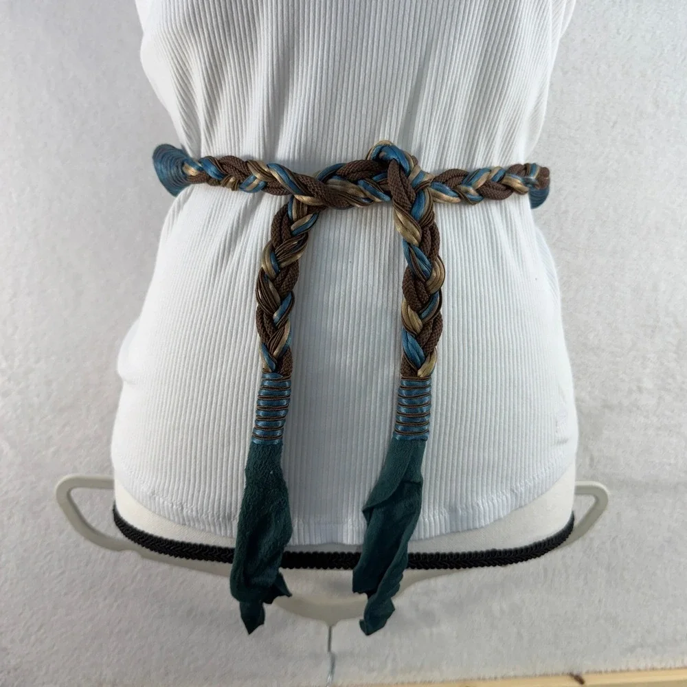 Vintage Wrap Belt Suede Leather One Size Teal Brown Braided Boho 90's Y2K